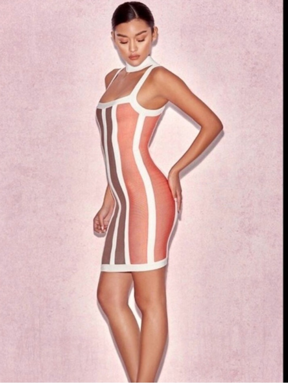 HOUSE OF CB Shah Bodycon Sexy Cut Out Orange Brown White Stripe Strap Mini Dress